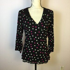 Alfani Wrap Blouse Top XL Womans Black Pink Polka Dot V-neck 3/4 Sleeve Tie Back